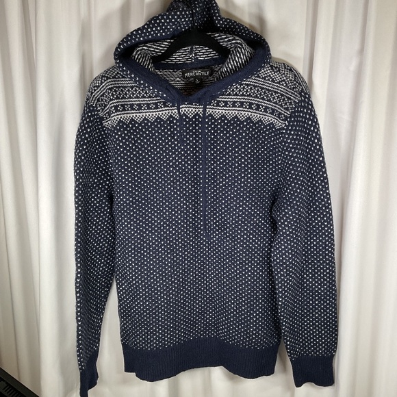 J. Crew Other - JCrew Mercantile Lambs Wool Blend Hoodie Men’s Large Blue Fair Isle Winter Warm